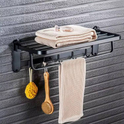 حامل مناشف جداري مع رف علوي وخطافات Wall Mounted Towel Rack with Shelf and Hooks