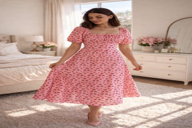 فستان بيت / دشداشة وردي بنقشة الورد الناعمة Short dress / dress