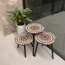 طقم طاولات استكان 3 قطع بنقشة ماندالا ملونة Estkan Table Set 3 Pieces with Colorful Mandala Design