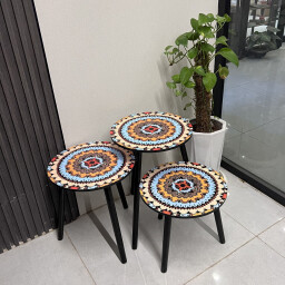 طقم طاولات استكان 3 قطع بنقشة ماندالا ملونة Estkan Table Set 3 Pieces with Colorful Mandala Design