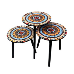 طقم طاولات استكان 3 قطع بنقشة ماندالا ملونة Estkan Table Set 3 Pieces with Colorful Mandala Design