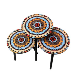 طقم طاولات استكان 3 قطع بنقشة ماندالا ملونة Estkan Table Set 3 Pieces with Colorful Mandala Design