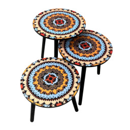 طقم طاولات استكان 3 قطع بنقشة ماندالا ملونة Estkan Table Set 3 Pieces with Colorful Mandala Design