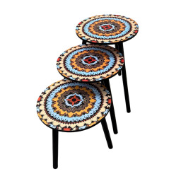 طقم طاولات استكان 3 قطع بنقشة ماندالا ملونة Estkan Table Set 3 Pieces with Colorful Mandala Design