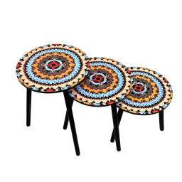 طقم طاولات استكان 3 قطع بنقشة ماندالا ملونة Estkan Table Set 3 Pieces with Colorful Mandala Design