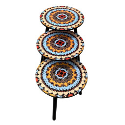 طقم طاولات استكان 3 قطع بنقشة ماندالا ملونة Estkan Table Set 3 Pieces with Colorful Mandala Design