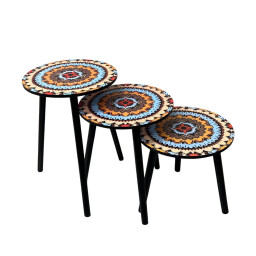 طقم طاولات استكان 3 قطع بنقشة ماندالا ملونة Estkan Table Set 3 Pieces with Colorful Mandala Design