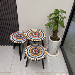 طقم طاولات استكان 3 قطع بنقشة ماندالا ملونة Estkan Table Set 3 Pieces with Colorful Mandala Design
