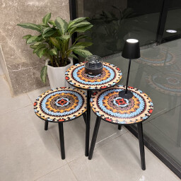 طقم طاولات استكان 3 قطع بنقشة ماندالا ملونة Estkan Table Set 3 Pieces with Colorful Mandala Design