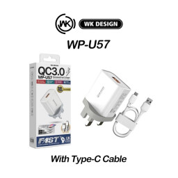 شاحن جداري ويكوم WP-U57 شحن سريع 18 واط مع كيبل Type-C WEKOME WK WP-U57 Maxspeed 18W QC3.0 Fast Charger Set with USB to Type-C Cable