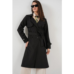 معطف ترنش 5918 بياقة متقاطعة - أسود 5918 Crossover Collar Trench Coat - Black