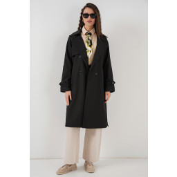 معطف ترنش 5918 بياقة متقاطعة - أسود 5918 Crossover Collar Trench Coat - Black