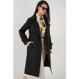 معطف ترنش 5918 بياقة متقاطعة - أسود 5918 Crossover Collar Trench Coat - Black