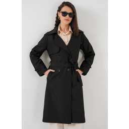 معطف ترنش 5918 بياقة متقاطعة - أسود 5918 Crossover Collar Trench Coat - Black