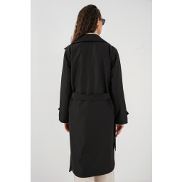 معطف ترنش 5918 بياقة متقاطعة - أسود 5918 Crossover Collar Trench Coat - Black