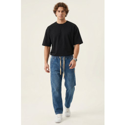 بنطلون جينز رجالي بقصة مريحة واسعة 30076 - أزرق داكن Men's Relaxed Fit Baggy Jean Trousers 30076 - Navy Blue