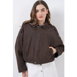 جاكيت بومبر نسائي جينز 0737 - بني Women's Denim Bomber Jacket 0737 - Brown