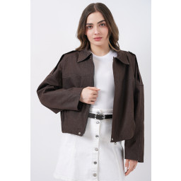 جاكيت بومبر نسائي جينز 0737 - بني Women's Denim Bomber Jacket 0737 - Brown