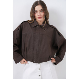 جاكيت بومبر نسائي جينز 0737 - بني Women's Denim Bomber Jacket 0737 - Brown