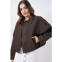 جاكيت بومبر نسائي جينز 0737 - بني Women's Denim Bomber Jacket 0737 - Brown