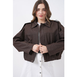 جاكيت بومبر نسائي جينز 0737 - بني Women's Denim Bomber Jacket 0737 - Brown