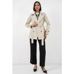 ترنشكوت نسائي قصير بحزام 5982 - بيج Women's Belted Short Trench Coat 5982 - Beige