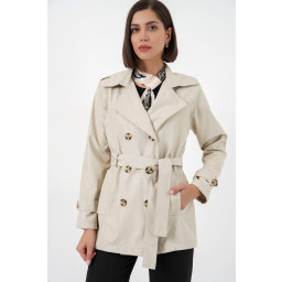 ترنشكوت نسائي قصير بحزام 5982 - بيج Women's Belted Short Trench Coat 5982 - Beige