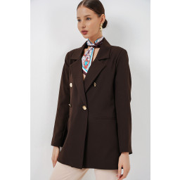 جاكيت بليزر نسائي بقبة متقاطعة 0722 - بني Women's Double-Breasted Blazer Jacket 0722 - Brown
