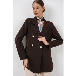 جاكيت بليزر نسائي بقبة متقاطعة 0722 - بني Women's Double-Breasted Blazer Jacket 0722 - Brown
