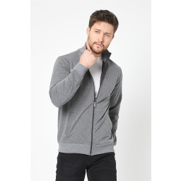 جاكيت رجالي أنثراسيت بقصة عادية بسحاب وتطريز وجيوب Men's Anthracite Regular Fit Zippered Cardigan with Embroidery and Pockets