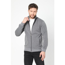 جاكيت رجالي أنثراسيت بقصة عادية بسحاب وتطريز وجيوب Men's Anthracite Regular Fit Zippered Cardigan with Embroidery and Pockets