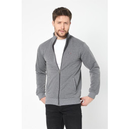 جاكيت رجالي أنثراسيت بقصة عادية بسحاب وتطريز وجيوب Men's Anthracite Regular Fit Zippered Cardigan with Embroidery and Pockets