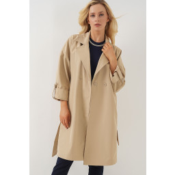 9104 معطف ترنش مبطن بياقة متقاطعة - بيج 9104 Lined Crossover Collar Trench Coat - Beige
