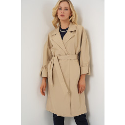 9104 معطف ترنش مبطن بياقة متقاطعة - بيج 9104 Lined Crossover Collar Trench Coat - Beige