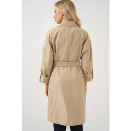 9104 معطف ترنش مبطن بياقة متقاطعة - بيج 9104 Lined Crossover Collar Trench Coat - Beige