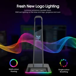 حامل سماعات ST-2 حامل سماعات ألعاب مع إضاءة آر جي بي وثلاث منافذ يو إس بي ومنفذ أوكس 3.5 ملم، وزن 384 غرام– أسود ST-2 RGB Gaming Headphone Stand with 3 USB Ports and 3.5mm AUX, 384g – Black