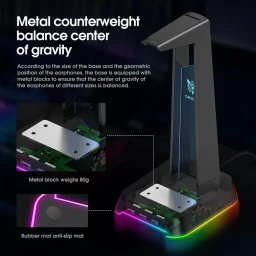 حامل سماعات ST-2 حامل سماعات ألعاب مع إضاءة آر جي بي وثلاث منافذ يو إس بي ومنفذ أوكس 3.5 ملم، وزن 384 غرام– أسود ST-2 RGB Gaming Headphone Stand with 3 USB Ports and 3.5mm AUX, 384g – Black