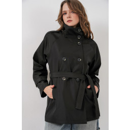 معطف ترنش نسائي قصير بياقة متقاطعة 5980 - أسود Women's Short Double-Breasted Trench Coat 5980 - Black