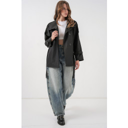 معطف ترنش نسائي قصير بياقة متقاطعة 5980 - أسود Women's Short Double-Breasted Trench Coat 5980 - Black