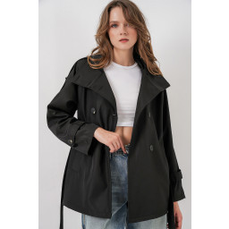 معطف ترنش نسائي قصير بياقة متقاطعة 5980 - أسود Women's Short Double-Breasted Trench Coat 5980 - Black