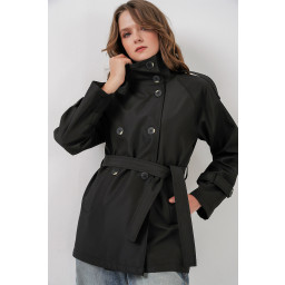 معطف ترنش نسائي قصير بياقة متقاطعة 5980 - أسود Women's Short Double-Breasted Trench Coat 5980 - Black