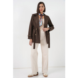 ترنشكوت نسائي قصير بحزام 5982 - بني Women's Short Belted Trench Coat 5982 - Brown