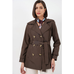 ترنشكوت نسائي قصير بحزام 5982 - بني Women's Short Belted Trench Coat 5982 - Brown