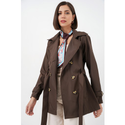 ترنشكوت نسائي قصير بحزام 5982 - بني Women's Short Belted Trench Coat 5982 - Brown
