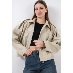 جاكيت نسائي قصير واسع 0732 - لون حجري Women's Oversize Short Jacket 0732 - Stone