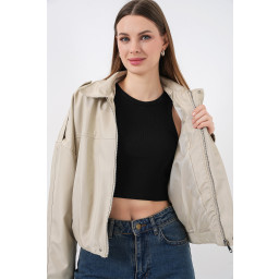 جاكيت نسائي قصير واسع 0732 - لون حجري Women's Oversize Short Jacket 0732 - Stone