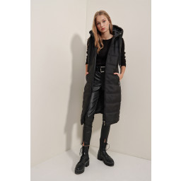 5140 سترة طويلة منفوخة بغطاء رأس - أسود 5140 Hooded Long Puffer Vest - Black