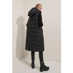 5140 سترة طويلة منفوخة بغطاء رأس - أسود 5140 Hooded Long Puffer Vest - Black
