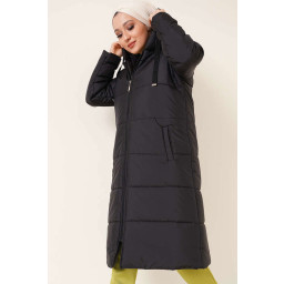 جاكيت T5120 طويل منفوخ للمحجبات بغطاء رأس - أسود T5120 Hooded Long Puffer Modest Jacket - Black