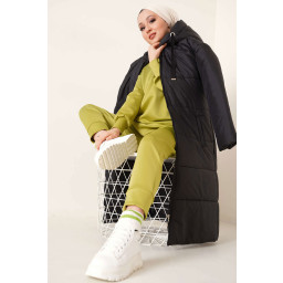 جاكيت T5120 طويل منفوخ للمحجبات بغطاء رأس - أسود T5120 Hooded Long Puffer Modest Jacket - Black